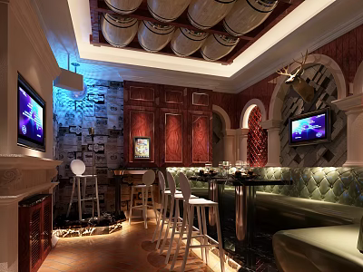 Modern KTV Interior With Decorative Barrel Ceiling TVs Sofas And Bar Stools 3d model