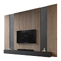 Modern Black TV Stand In Living Room With Wooden And Marble Wall Background