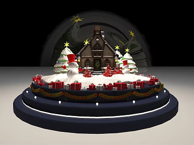 Christmas Snow Globe Display with Church Christmas Trees and Gift Boxes on Decorative Base 3d model