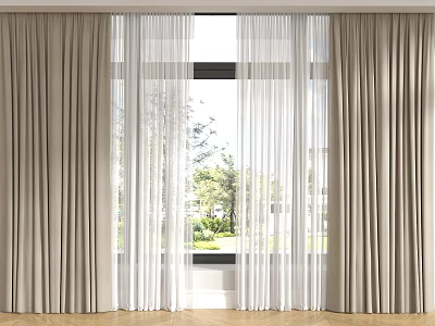 Light Beige Curtains With Sheer White Panels For Bright Window With Green Trees View 3d model