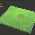 3D Volcanic Terrain Rendering With Central Red Crater Surrounded By Green Vegetation And Blue Water