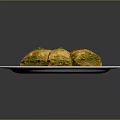Three Square Crispy Pastry Desserts With Green Topping On White Plate 3d model