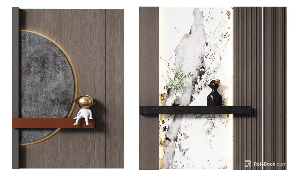 Wooden And Marble Texture Background Wall With Circular Decoration Gold Accent Floating Shelf And Figurines 3d model 