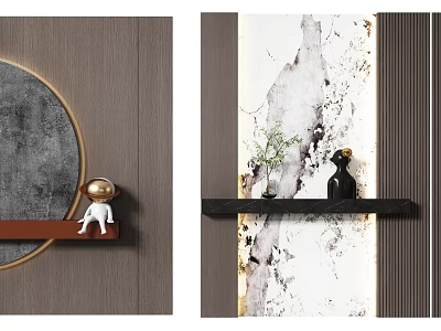 Wooden And Marble Texture Background Wall With Circular Decoration Gold Accent Floating Shelf And Figurines 3d model