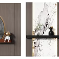 Wooden And Marble Texture Background Wall With Circular Decoration Gold Accent Floating Shelf And Figurines