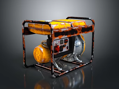 Yellow Silver Portable Generator With Rusted Metal Frame And Control Panel 3d model