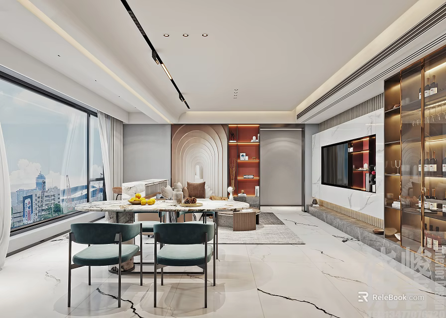 Modern Luxury Living And Dining Room With Marble Floor Large Windows And City View 3d model 
