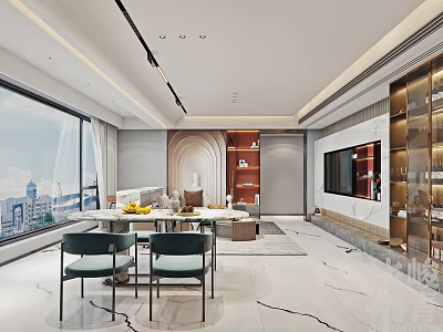 Modern Luxury Living And Dining Room With Marble Floor Large Windows And City View 3d model