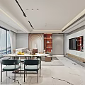 Modern Luxury Living And Dining Room With Marble Floor Large Windows And City View