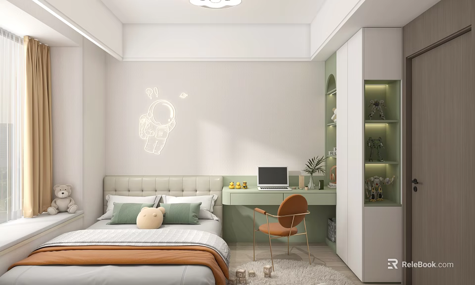 Modern Children's Bedroom With Astronaut Wall Decal And Study Desk 3d model 