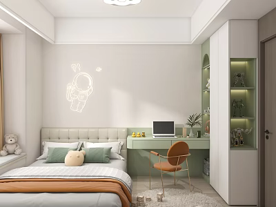 Modern Children's Bedroom With Astronaut Wall Decal And Study Desk 3d model