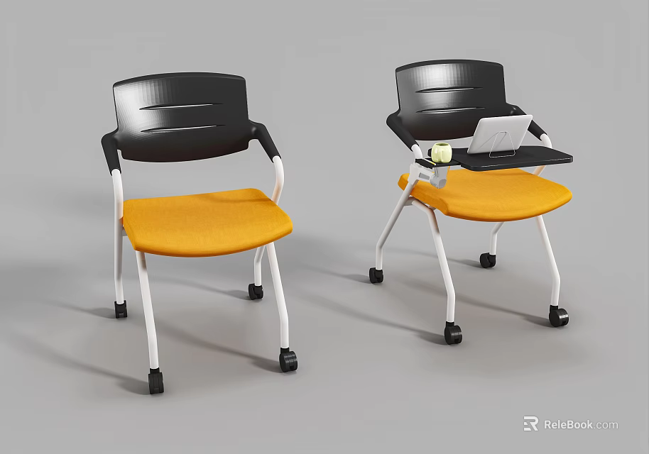 Ergonomic Office Chair with Black Backrest Yellow Seat White Legs Wheels and Writing Tray 3d model 