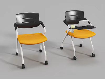Ergonomic Office Chair with Black Backrest Yellow Seat White Legs Wheels and Writing Tray 3d model
