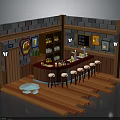 Rustic Bar Interior With Wooden Counter Stools Brick Walls And Bottle Shelves