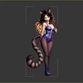 Anime Female Character With Cat Ears Tail Purple Blue Bodysuit Long Brown Hair Purple Boots