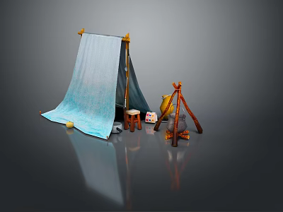Playful Kids Furniture Collection With Blue Teepee Tent Wooden Stool And Toys 3d model