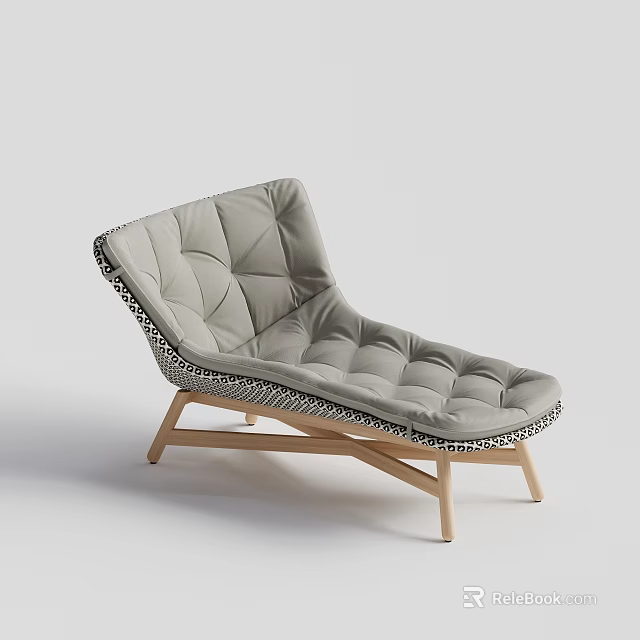 Light Gray Lounge Chair with Quilted Diamond Cushion Woven Trim and Wooden Legs 3d model 