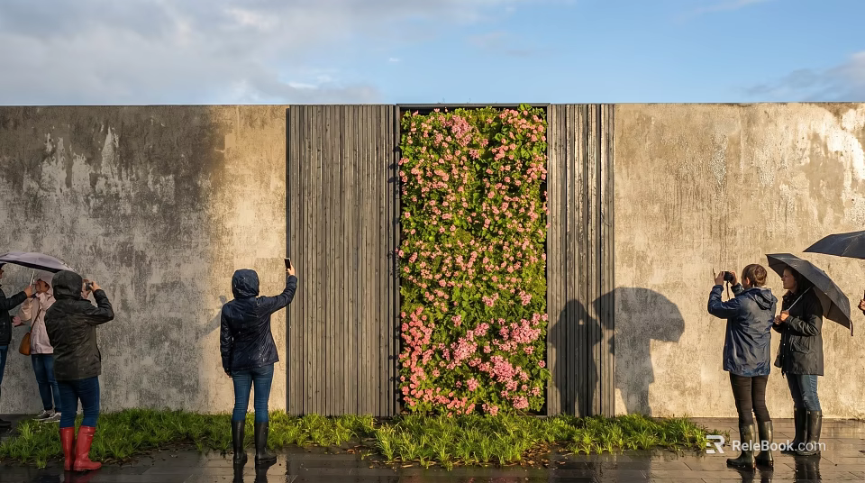 Stunning Living Plant Wall With Pink Flowers Against Gray Concrete Wall As People Take 3d model 