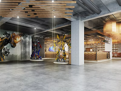 Industrial Style Restaurant Interior With Robot Decorations Wooden Ceiling Bar Counter And Wine Racks 3d model