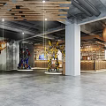 Industrial Style Restaurant Interior With Robot Decorations Wooden Ceiling Bar Counter And Wine Racks