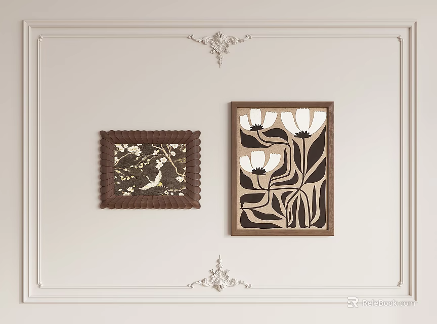 Elegant White Wall Decor With Framed Artwork Floral Tulip And Bird Patterns 3d model