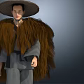 A Man With Large Straw Hat Brown Furry Shawl Gray Clothing And Two Different Angles