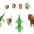 Green Reptile 3D Models With Wireframe Design And Various Poses