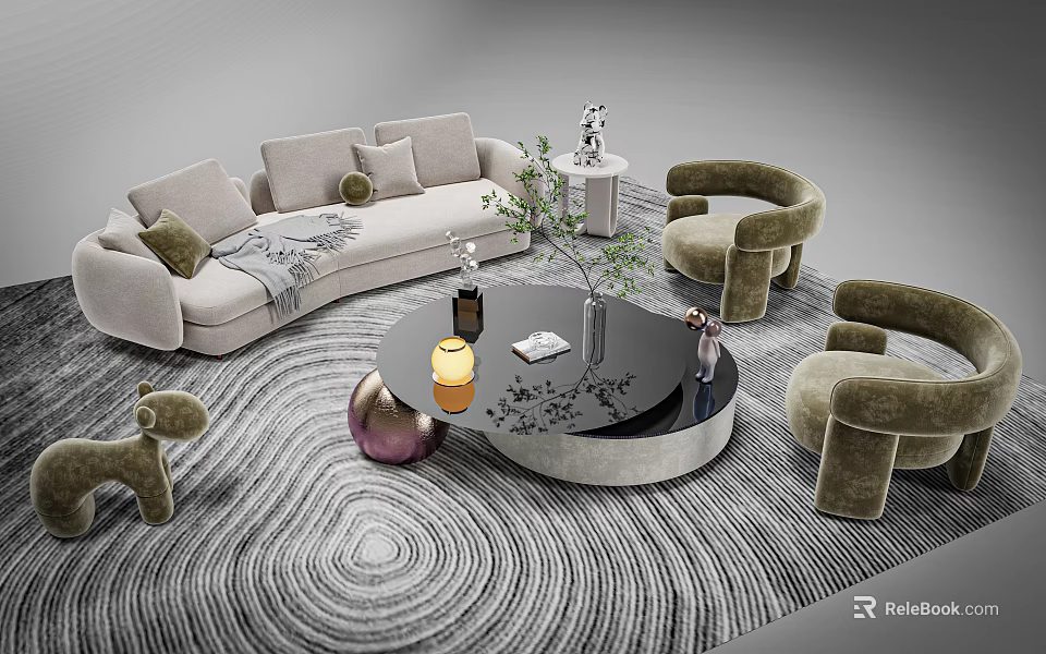 Elegant Modern Light Sofa and Black Round Coffee Table Set With Accent Chairs Striped Rug 3d model 