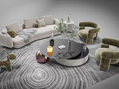 Elegant Modern Light Sofa and Black Round Coffee Table Set With Accent Chairs Striped Rug 3d model