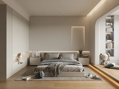 Modern Minimalist Bedroom With Gray Bed Nightstands Rug Built In Lighting And Wooden Flooring 3d model