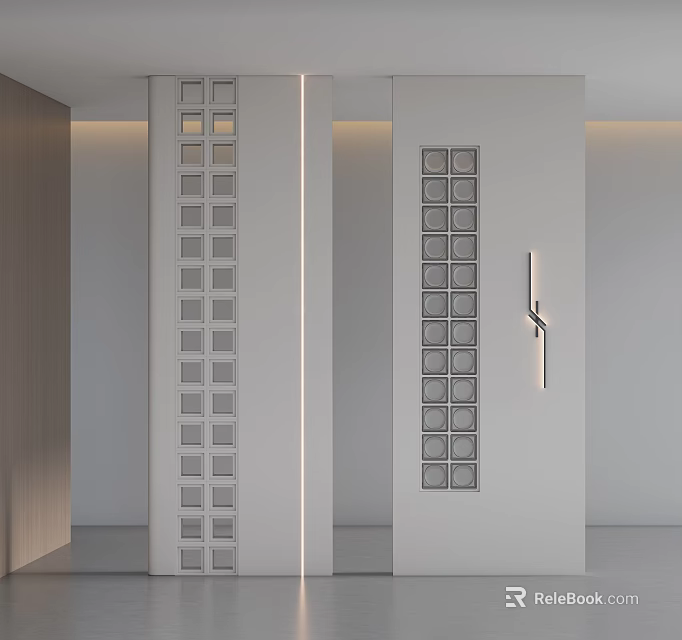 Modern Minimalist White Entry Hallway with Square Cutout Columns Recessed Light Strips and Gray Tiles 3d model 