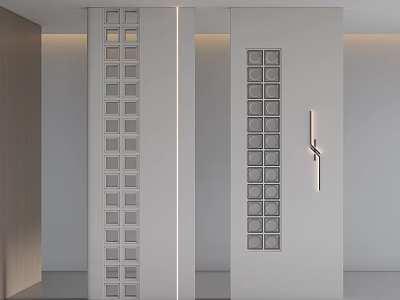 Modern Minimalist White Entry Hallway with Square Cutout Columns Recessed Light Strips and Gray Tiles 3d model