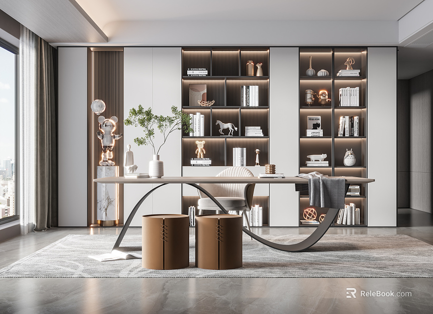 Modern Study Room Interior With Built In Shelves Desk Potted Plant And Decorations 3d model 