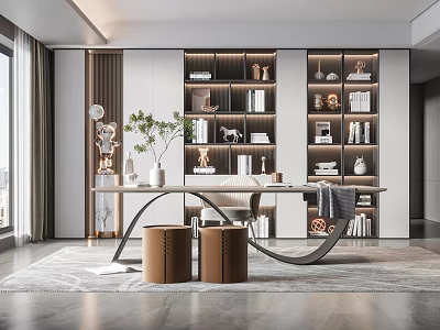 Modern Study Room Interior With Built In Shelves Desk Potted Plant And Decorations 3d model