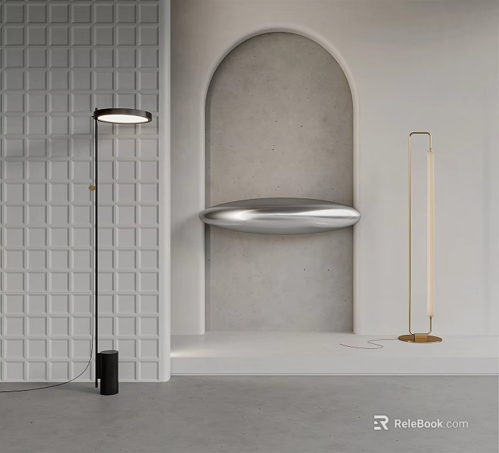 Modern Black And Gold Floor Lamps In Minimalist Interior With Grid Wall And Arched Niche 3d model 