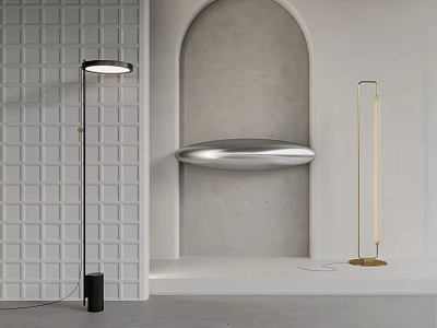 Modern Black And Gold Floor Lamps In Minimalist Interior With Grid Wall And Arched Niche 3d model