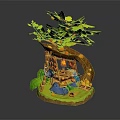 Cartoon Scene Featuring Curved Tree Green Leaves Hanging Swing Blue Pond And Orange Fruits