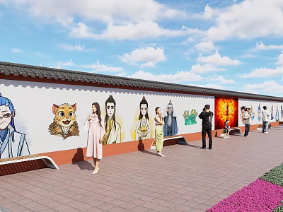 Scenic Mural Wall With Colorful Figures Animal Paintings Benches People Activities Nearby Red Brick Ground 3d model