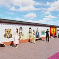 Scenic Mural Wall With Colorful Figures Animal Paintings Benches People Activities Nearby Red Brick Ground