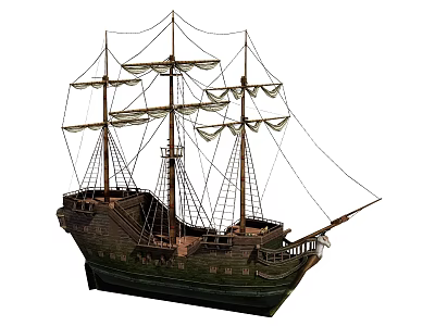 Vintage Wooden Sailing Ship With Multiple Masts Classic Sails And Detailed Railing 3d model