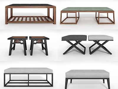 Various Stylish Stools Featuring Wooden And Upholstered Designs With Cross Leg And Bench Styles 3d model