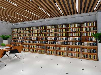 Modern Bookcase Room Interior Filled With Books Tables Chairs And Green Plants 3d model