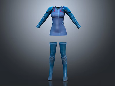 Modern Sleek Futuristic Blue Outfit With Detailed Top And Long Boots 3d model