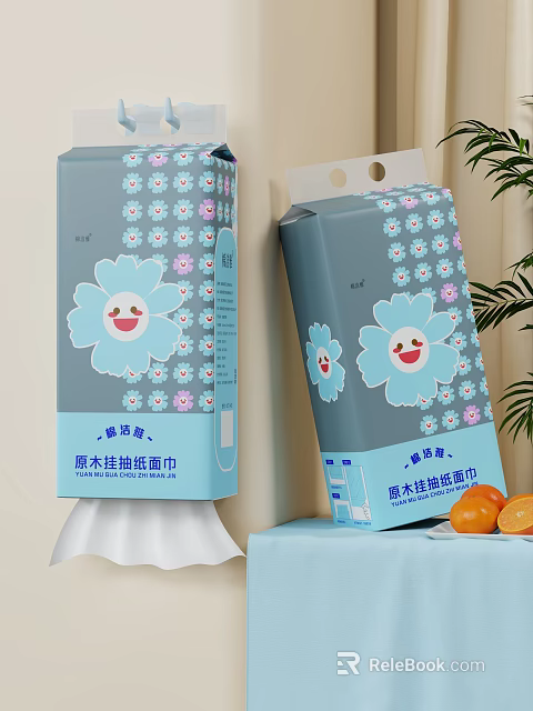 Natural Wood Hanging Tissue Towels with Blue Flower Pattern and Smiley Face Design 3d model 