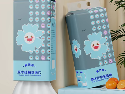 Natural Wood Hanging Tissue Towels with Blue Flower Pattern and Smiley Face Design 3d model