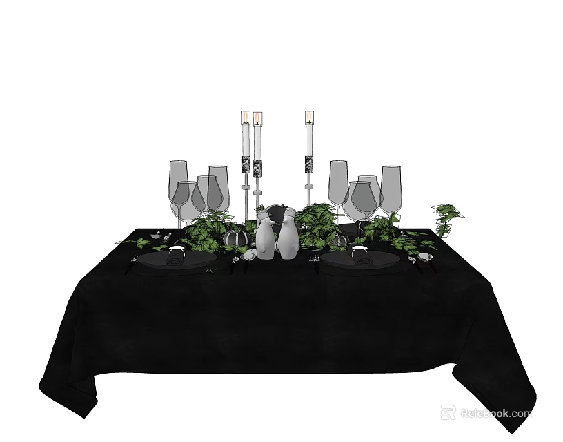 Elegant Tableware Set with Black Tablecloth Wine Glasses Candle Holders and Green Plants 3d model 