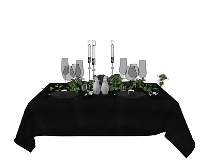 Elegant Tableware Set with Black Tablecloth Wine Glasses Candle Holders and Green Plants 3d model