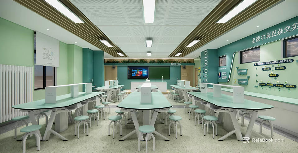 Modern Laboratory Interior With Green Walls White Tables Chairs Smart Devices And Multiple Seats 3d model 