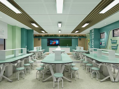 Modern Laboratory Interior With Green Walls White Tables Chairs Smart Devices And Multiple Seats 3d model