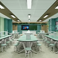 Modern Laboratory Interior With Green Walls White Tables Chairs Smart Devices And Multiple Seats